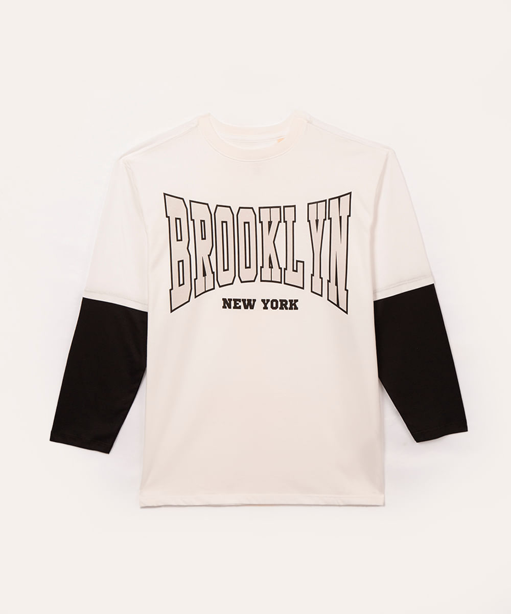 camiseta juvenil manga longa brooklyn branco