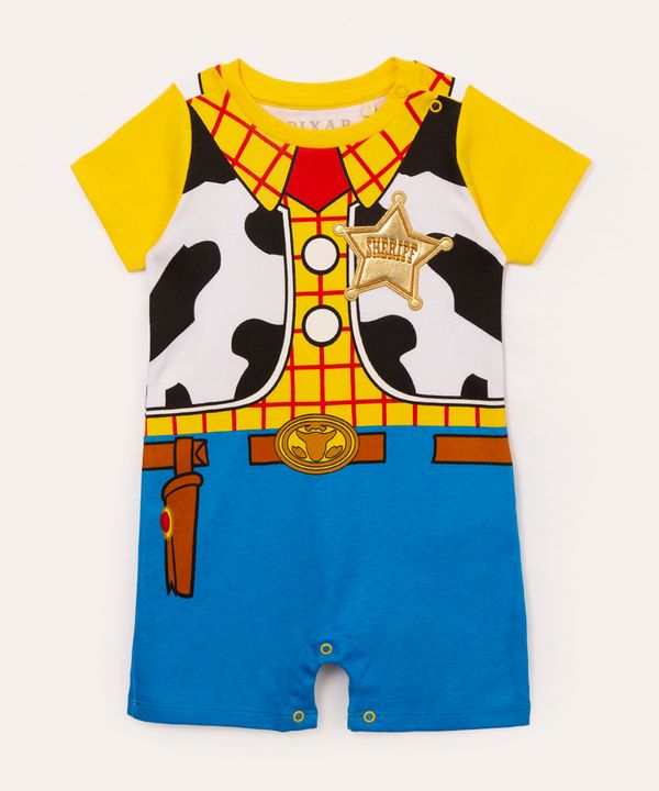 macacão infantil manga curta woody toy story amarelo 6-9