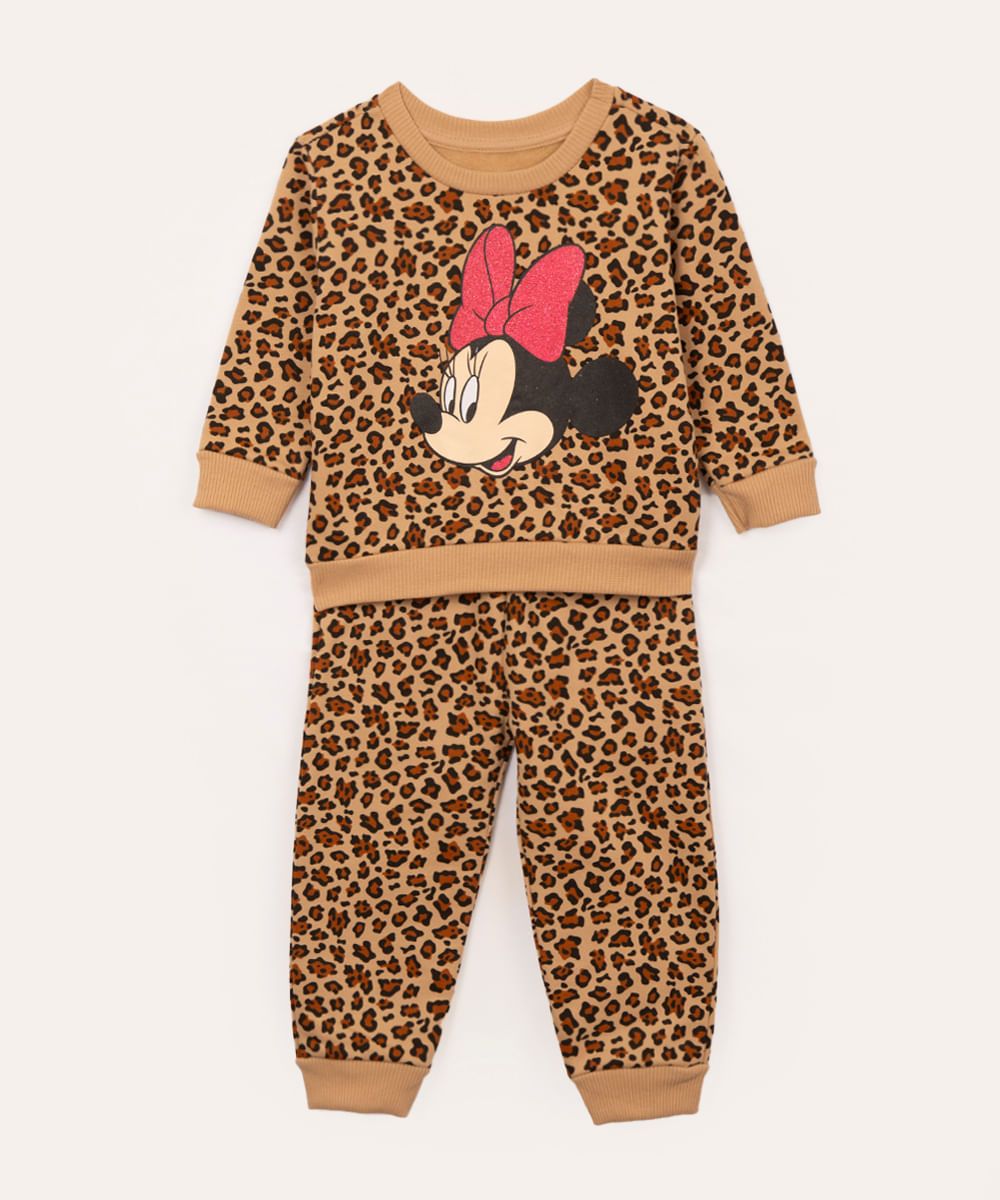 conjunto infantil de moletom minnie animal print bege