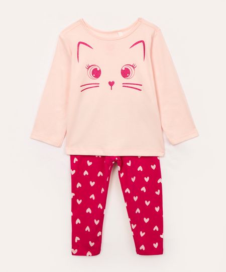 conjunto infantil longo gatinho rosa 1