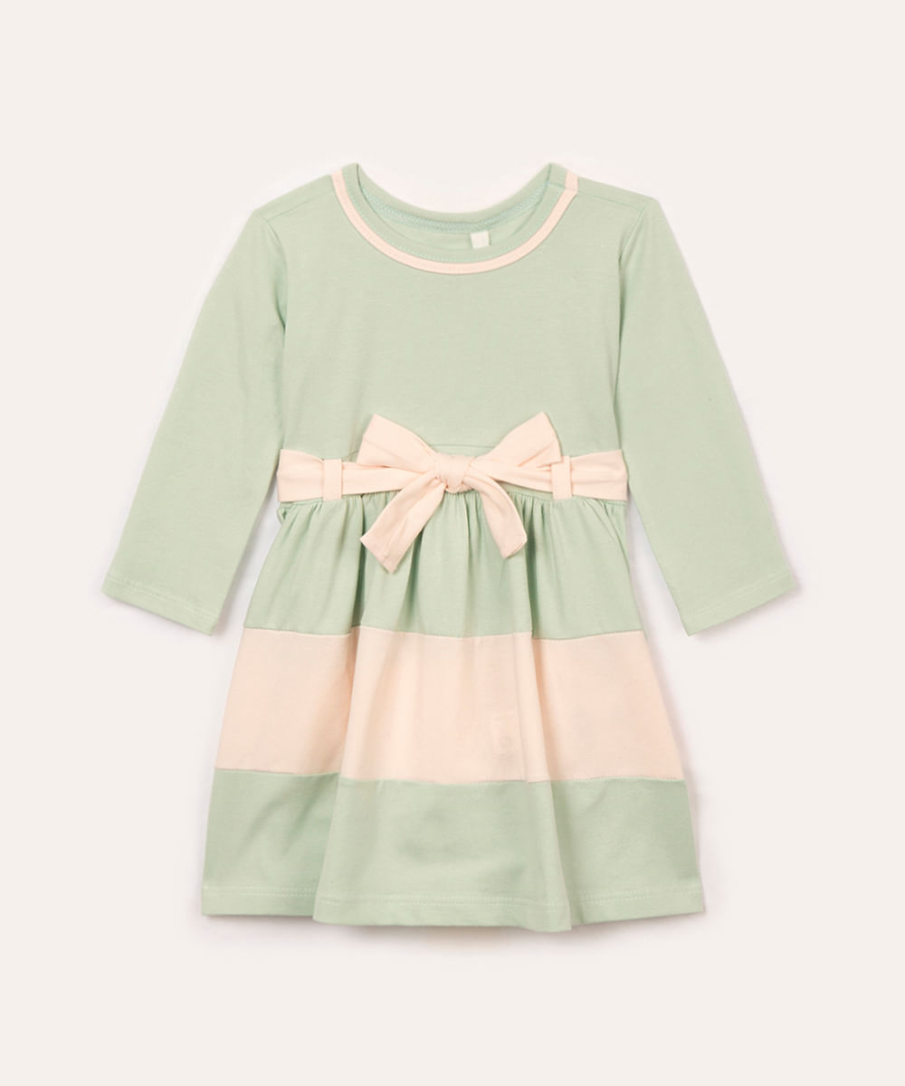 vestido infantil manga longa com cinto laço verde