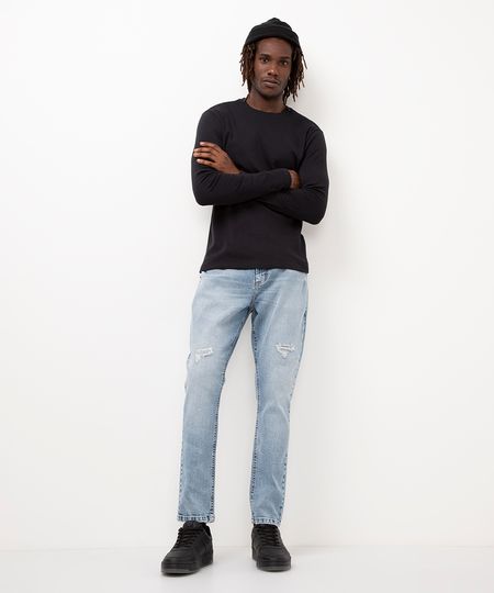 calça jeans reta com desfiado azul escuro 40