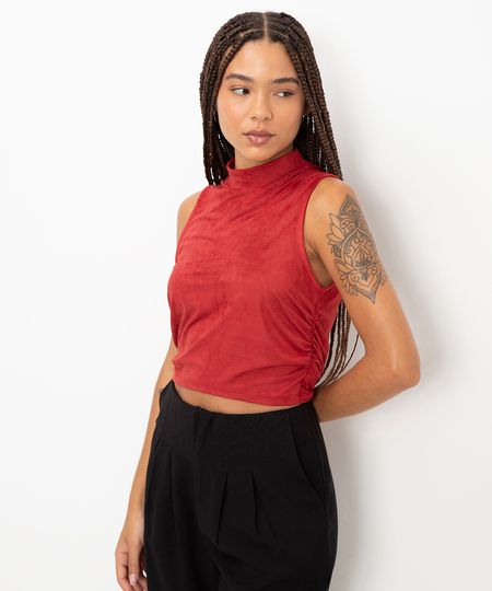 cropped de suede com franzido vinho PP cropped de suede com franzido vinho PP