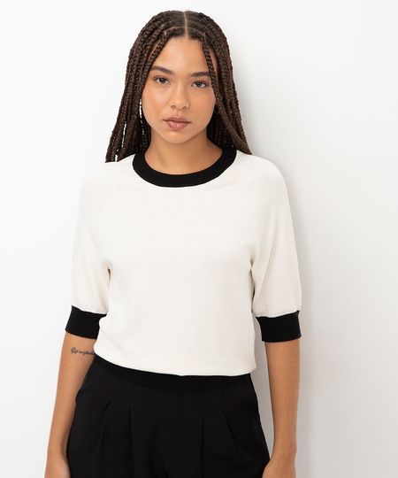 blusa de tricot com recorte off white PP