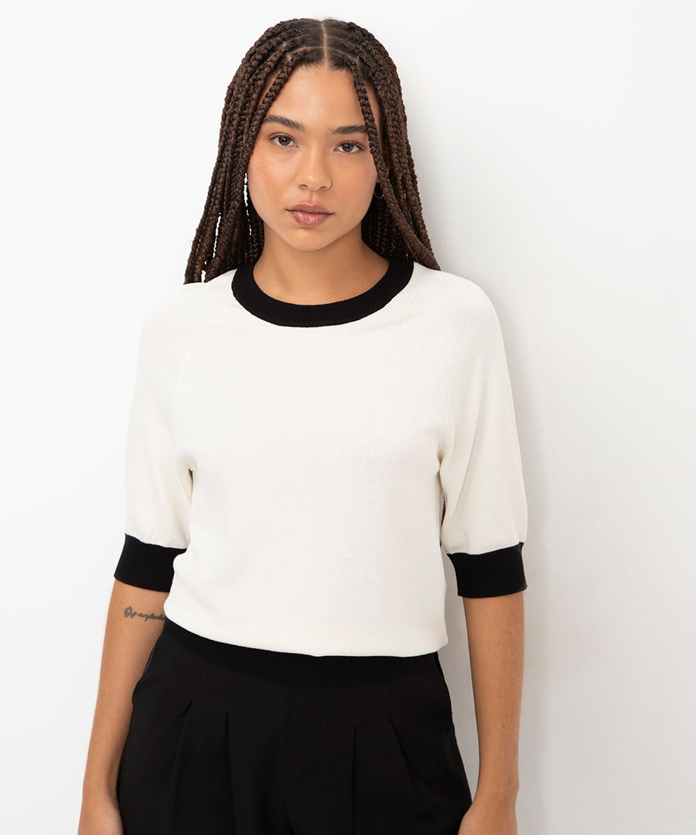 blusa de tricot com recorte off white