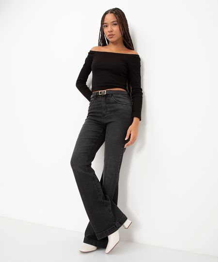 calça jeans flare cintura alta preta 36