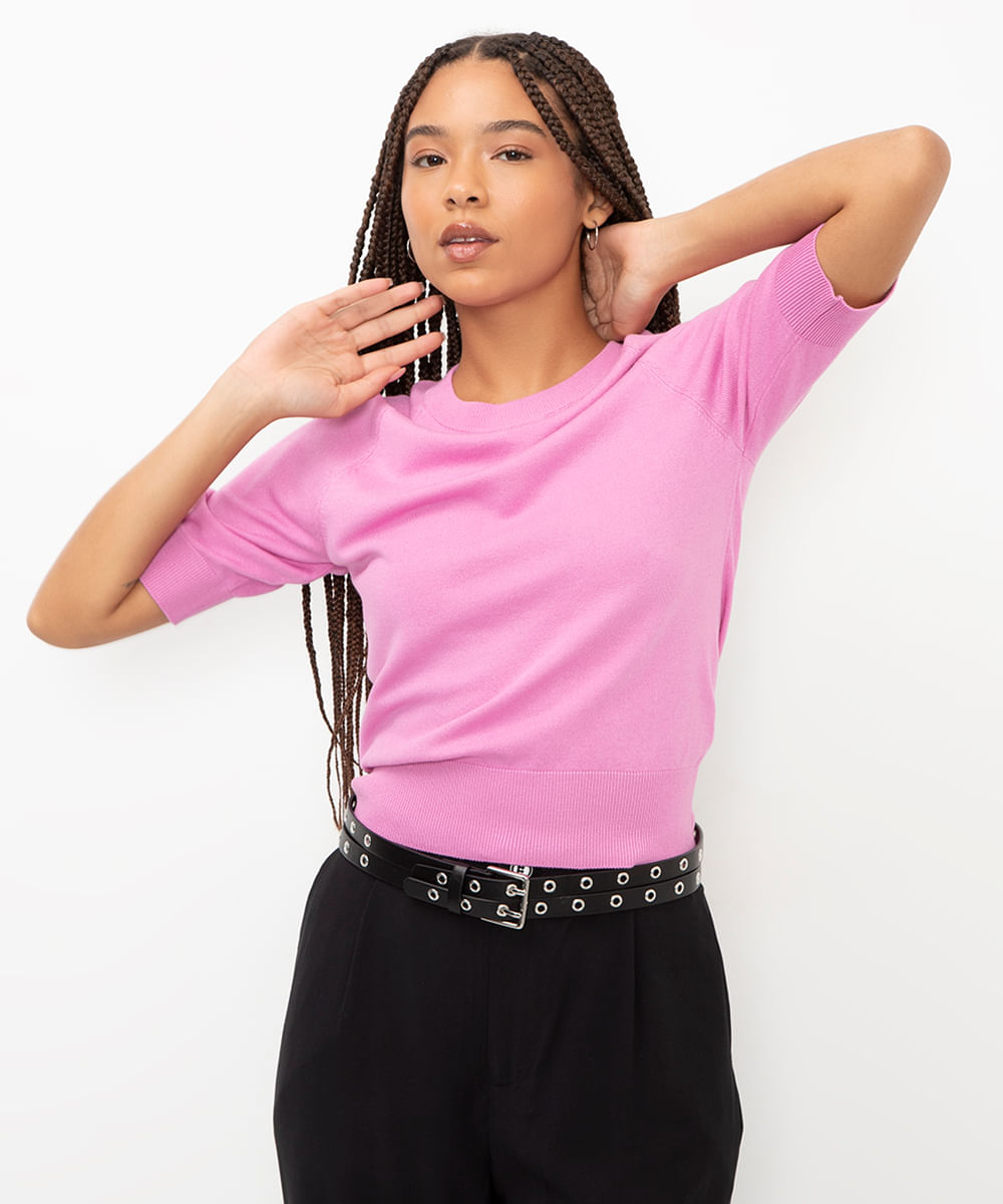 blusa de tricot com recorte rosa