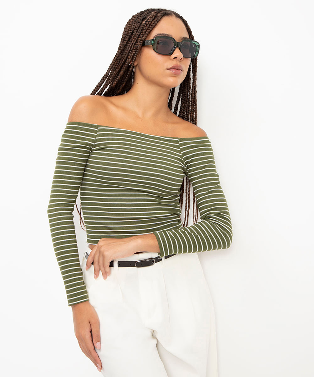 blusa ombro a ombro manga longa listrada verde