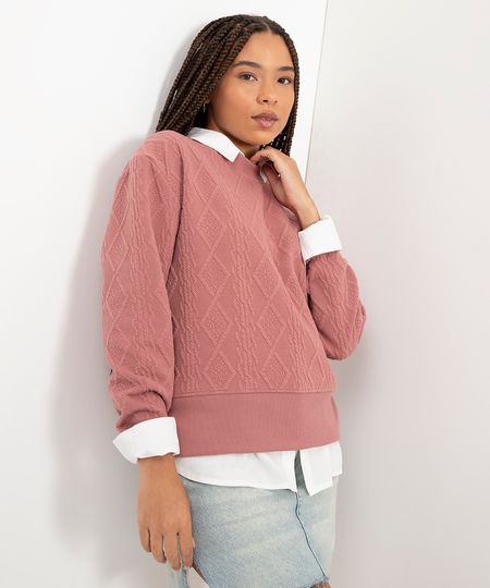 blusa de moletom texturizada manga longa rosa PP
