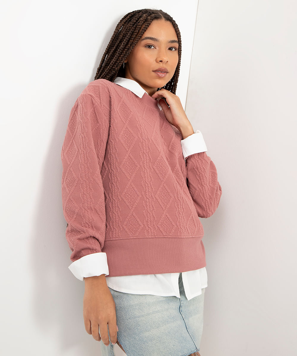 blusa de moletom texturizada manga longa rosa