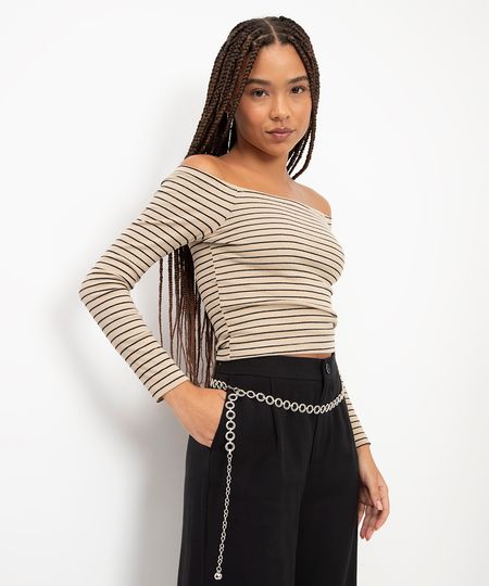 blusa ombro a ombro manga longa listrada bege PP blusa ombro a ombro manga longa listrada bege PP