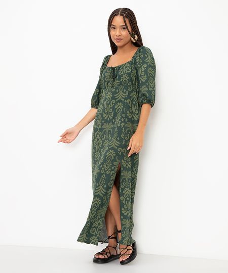vestido longo étnico com fenda verde PP vestido longo étnico com fenda verde PP