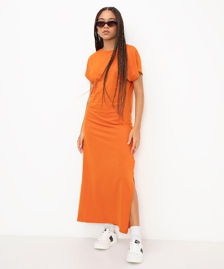 vestido de algodão longo com fenda laranja G