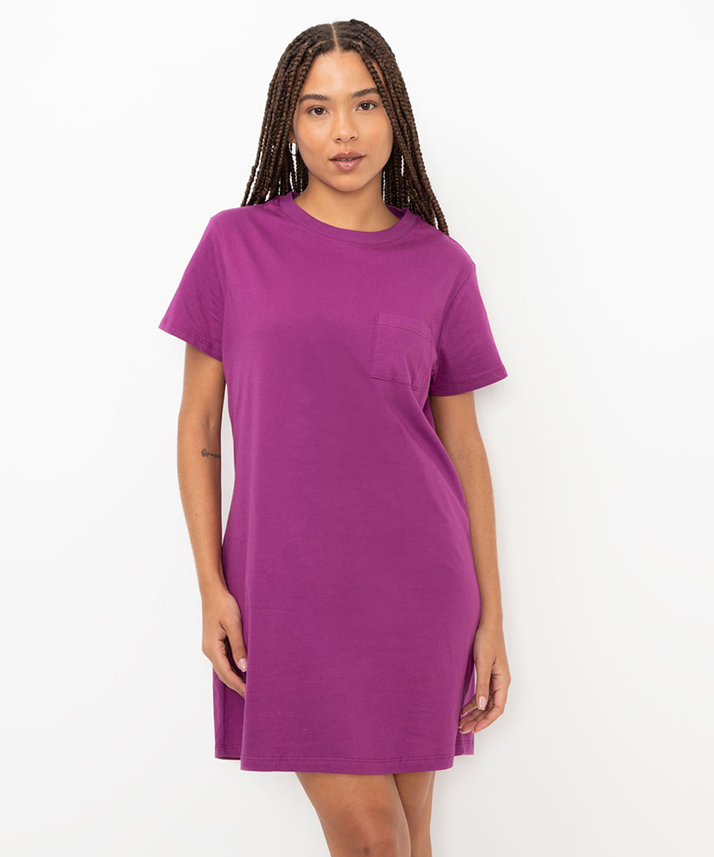 vestido básico de algodão manga curta roxo