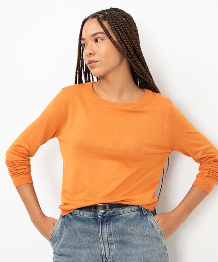 suéter de tricot manga longa básico laranja PP