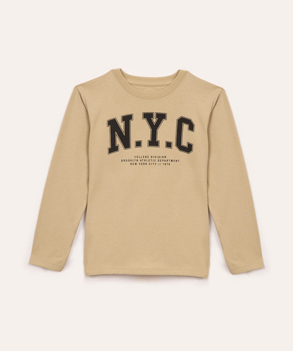 camiseta infantil manga longa nyc bege