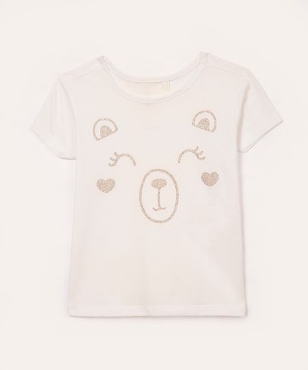 camiseta de algodão infantil ursinho com brilho manga curta off white 3