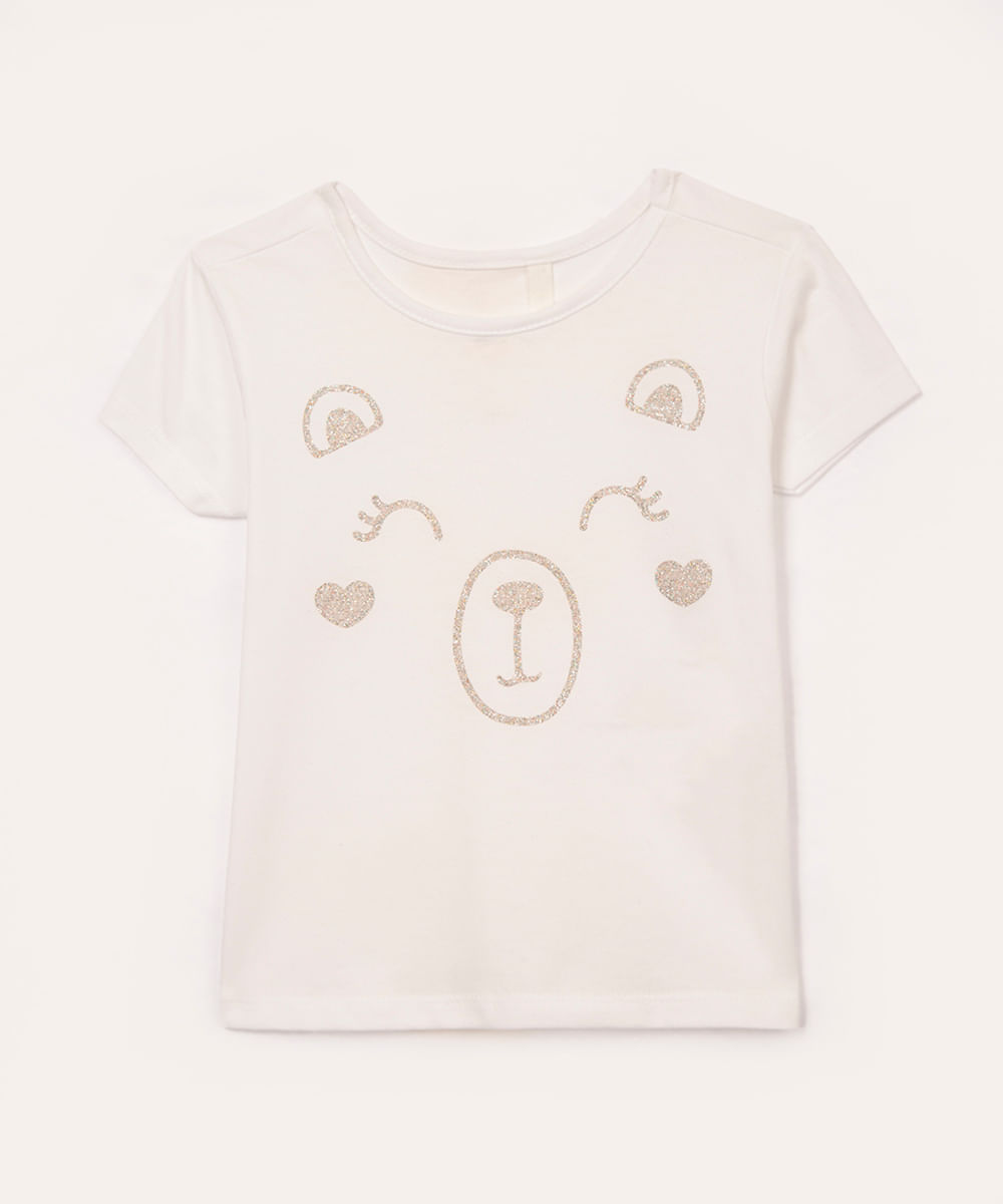 camiseta de algodão infantil ursinho com brilho manga curta off white