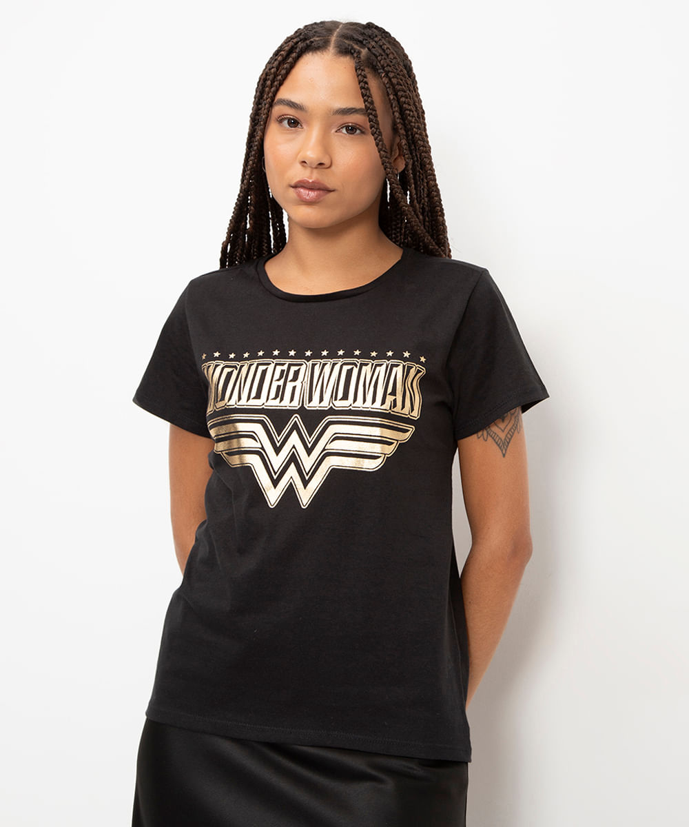 camiseta de algodão mulher maravilha preto