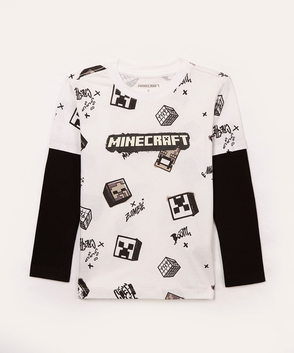 camiseta infantil manga longa minecraft branco