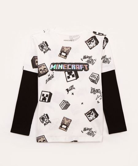camiseta infantil manga longa minecraft holográfico branco 4