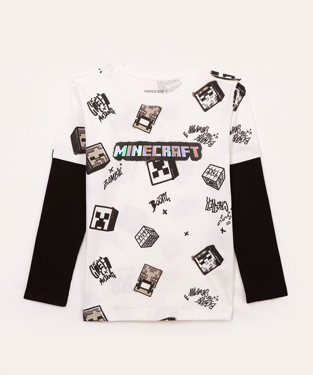 camiseta infantil manga longa minecraft holográfico branco