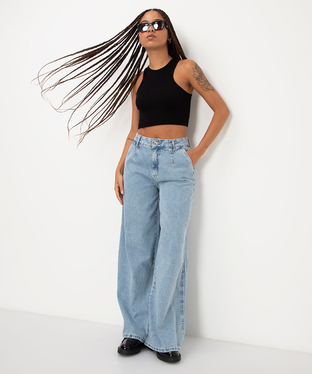 calça jeans super wide leg cintura alta azul claro