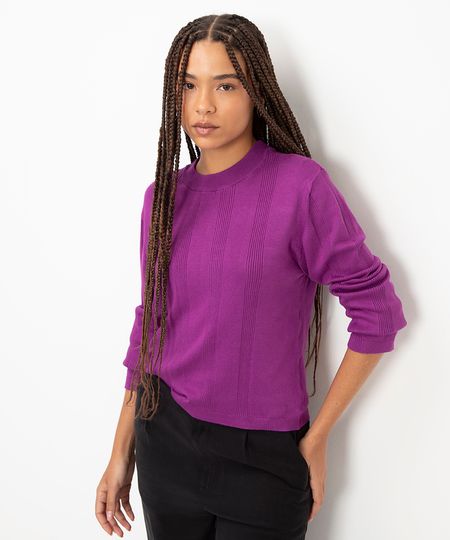 suéter básico de tricot canelado - roxo uva M suéter básico de tricot canelado - roxo uva M