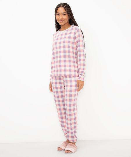pijama de tricot xadrez manga longa rosa P