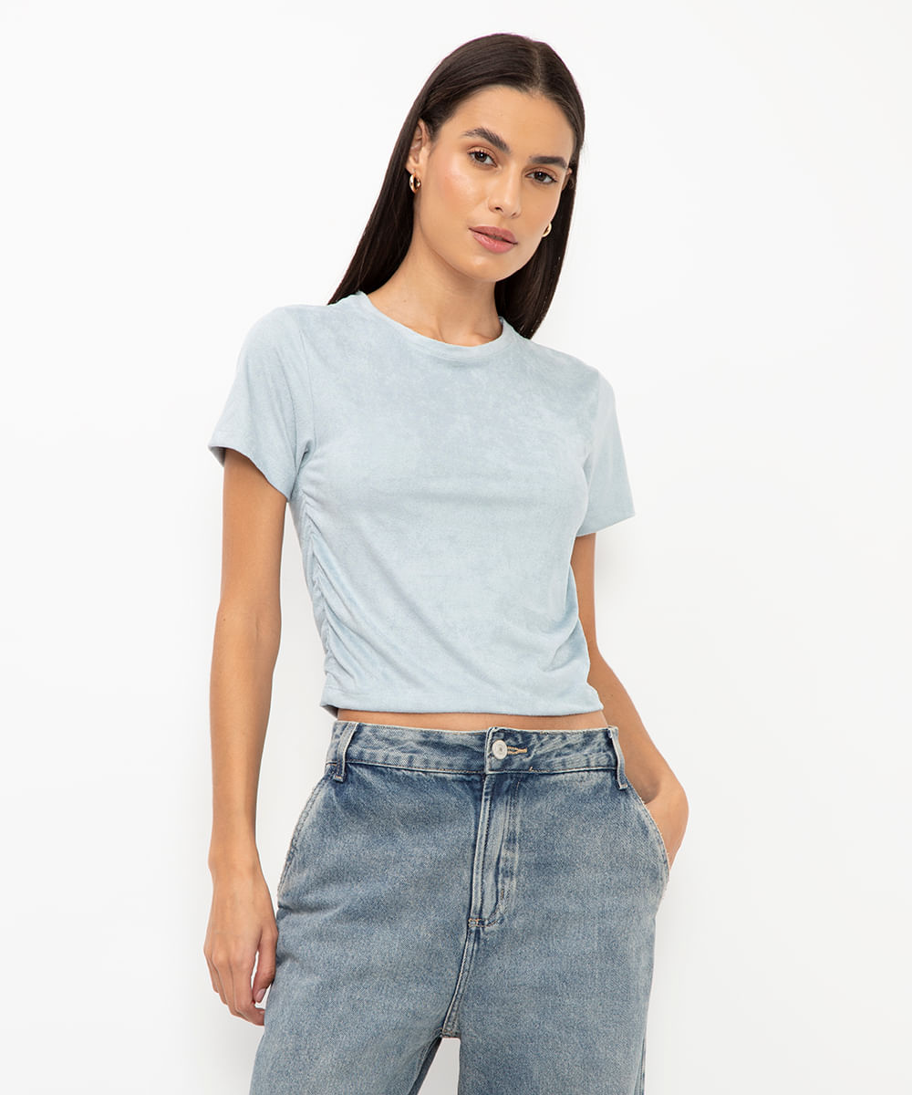 cropped de suede franzido azul claro