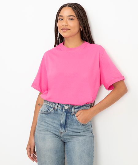 camiseta básica de algodão decote redondo pink GG