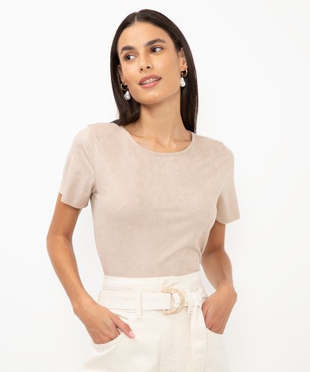 cropped de suede manga curta nude - cinza claro P cropped de suede manga curta nude - cinza claro P