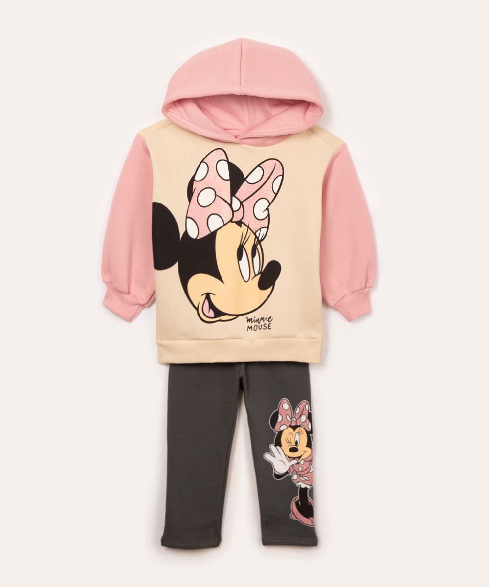 conjunto de moletom infantil minnie com capuz bege