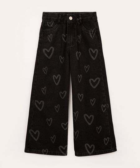 calça jeans wide leg infantil corações preta 8
