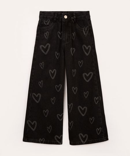 calça jeans wide leg infantil corações preta 4
