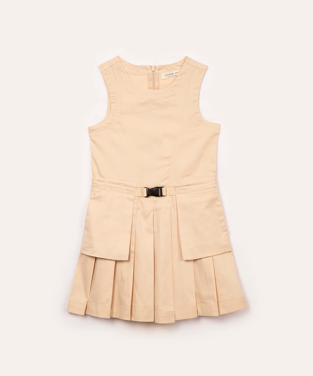 vestido infantil plissado com fivela bege