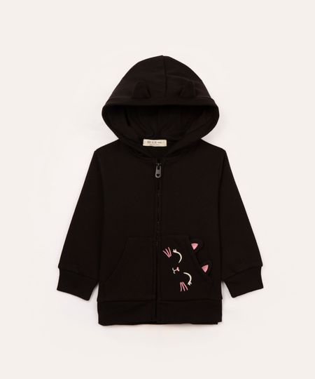 blusão infantil de moletom com capuz gatinha preto 1