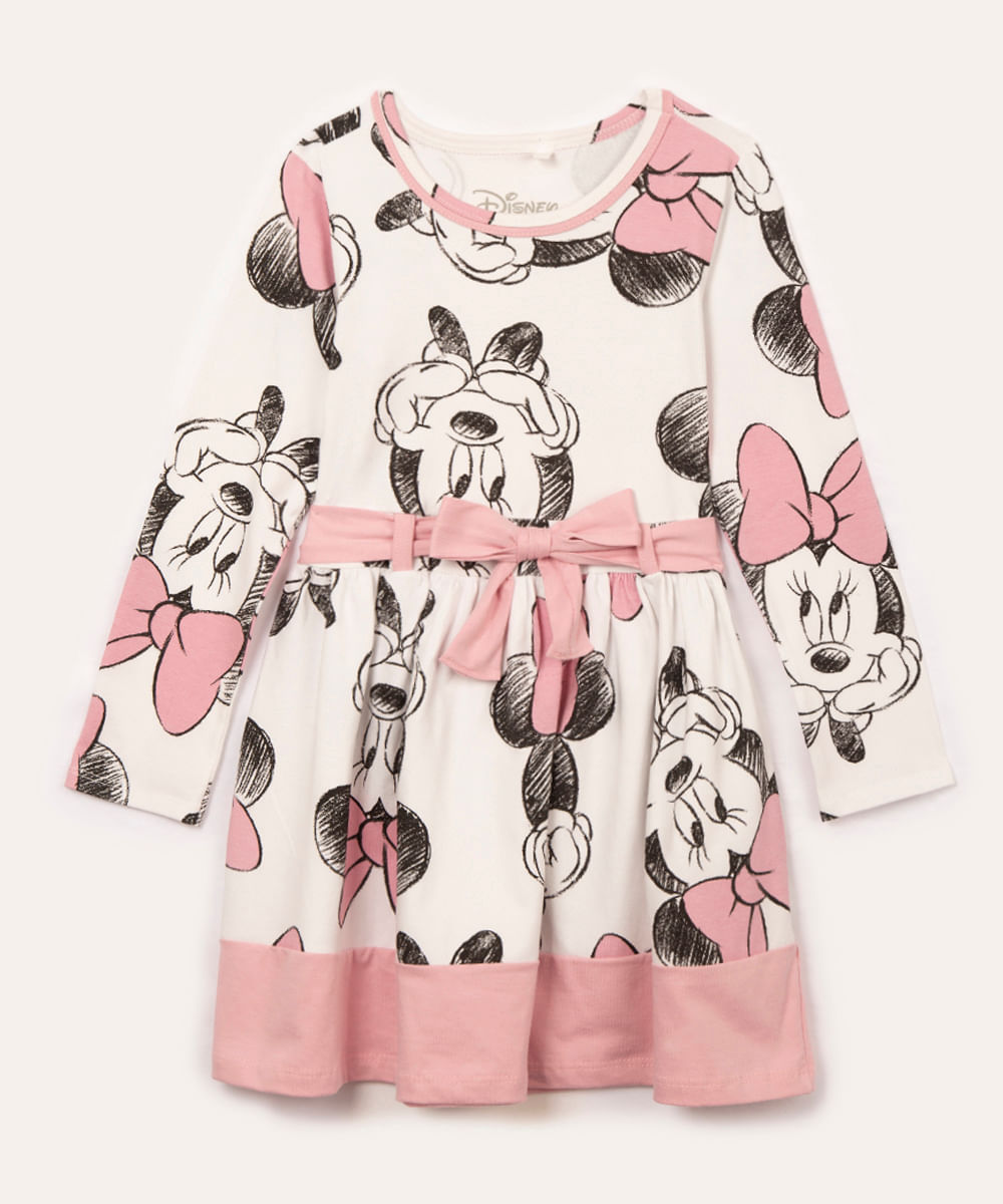 vestido infantil manga longa minnie com laço off white