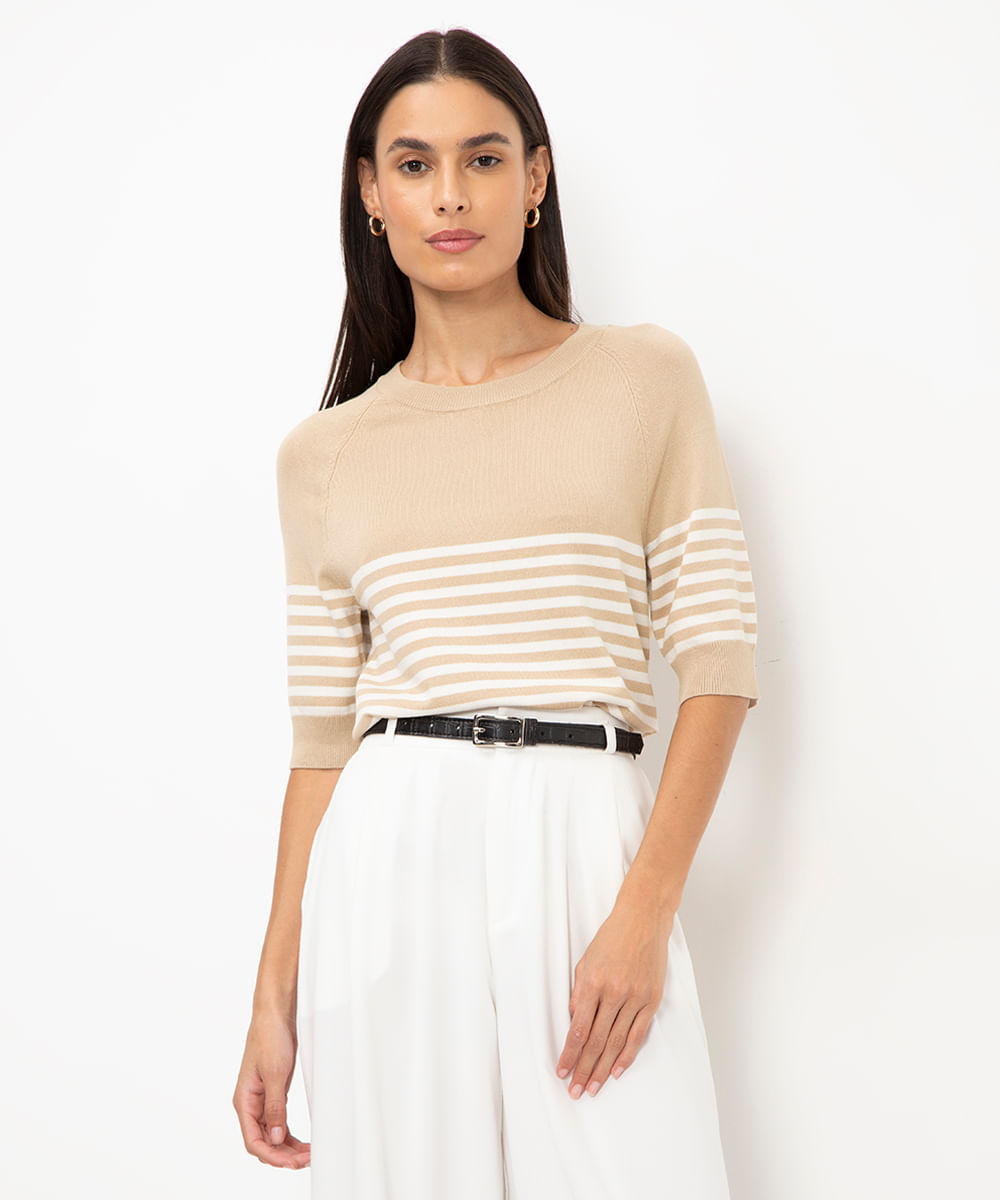 blusa de tricot listrada bege