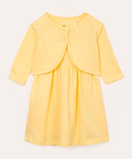 vestido infantil texturizado com bolero amarelo 3-6