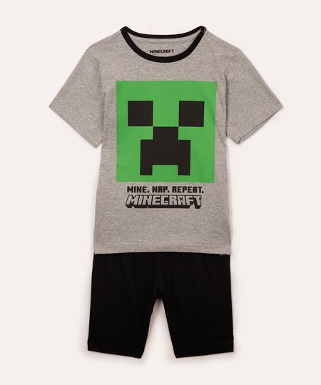 pijama de algodão infantil minecraft manga curta cinza 14