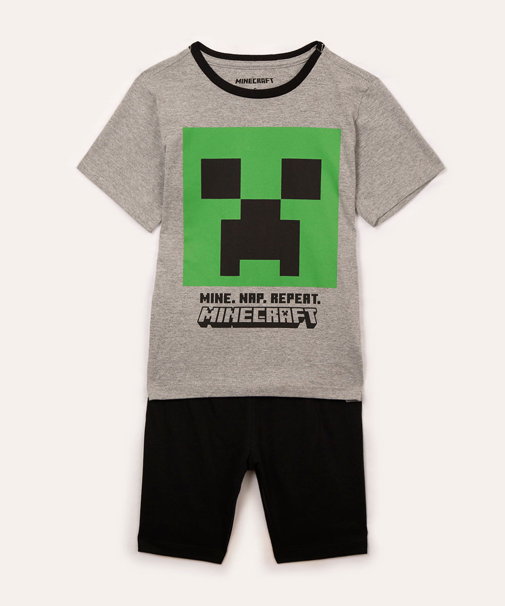 pijama de algodão infantil minecraft manga curta cinza