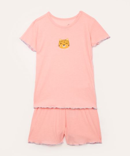 pijama infantil canelado onça manga curta rosa claro 2