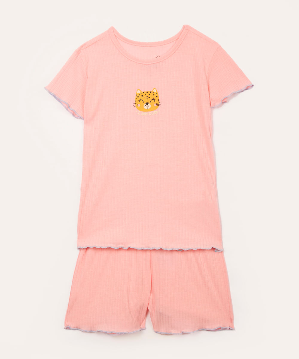 pijama infantil canelado onça manga curta rosa claro