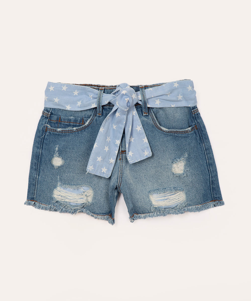 short infantil jeans cinto faixa estrela azul