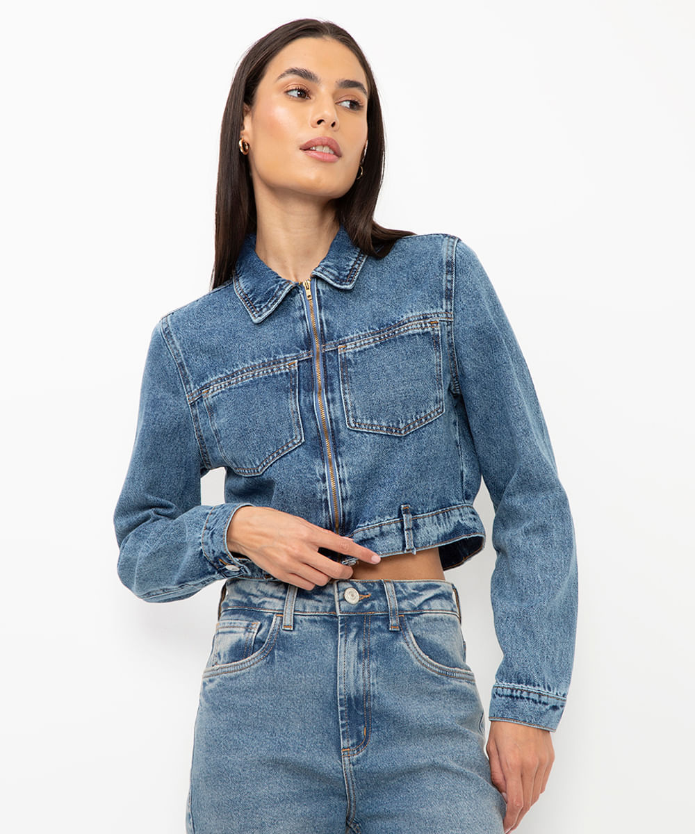 jaqueta jeans cropped azul