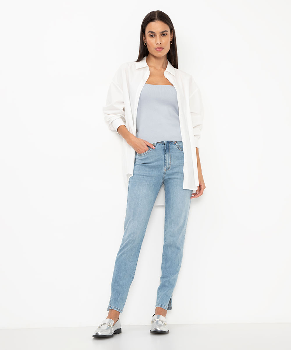 calça jeans skinny slit cintura alta azul