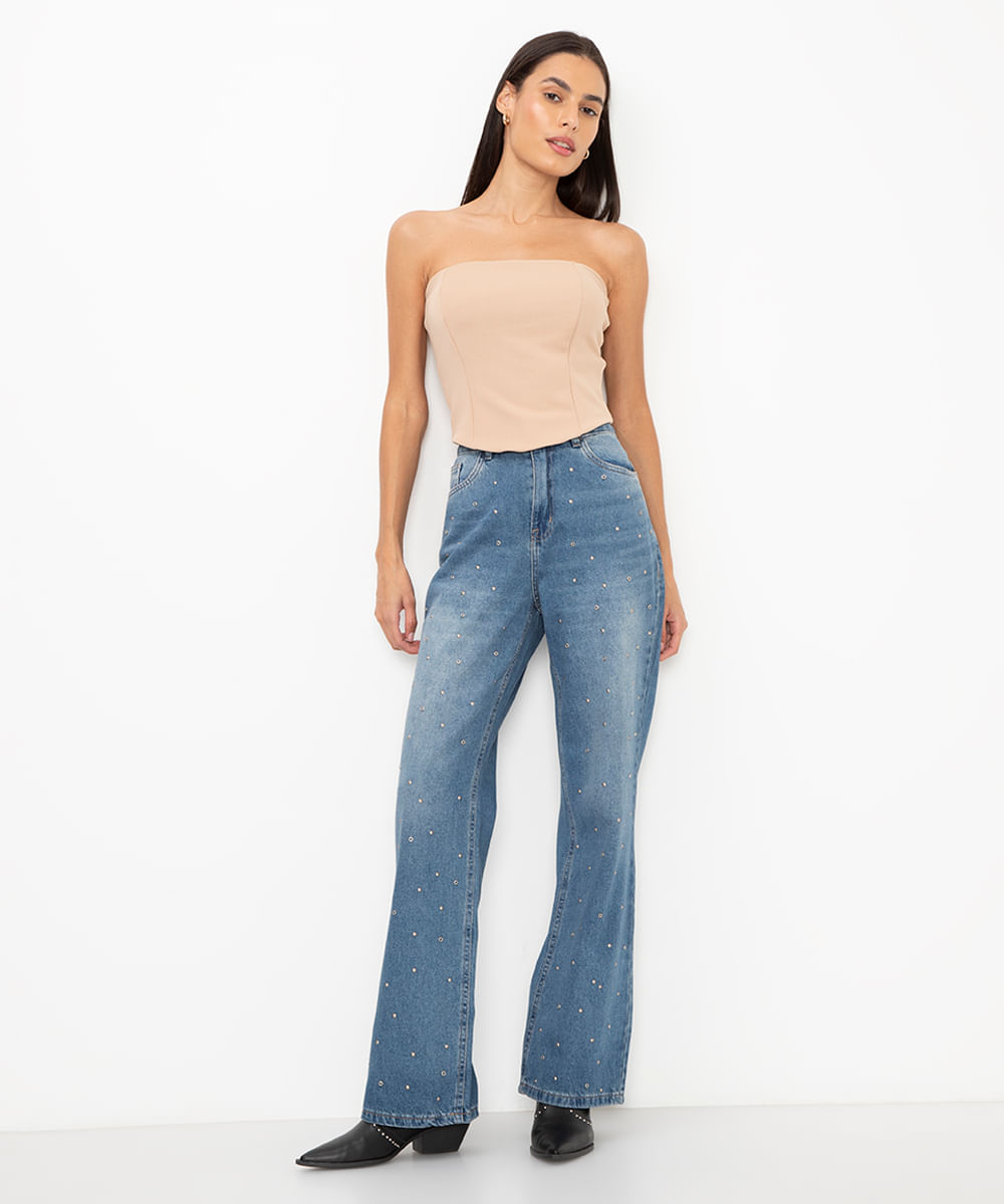 calça jeans wide leg slim cintura super alta azul