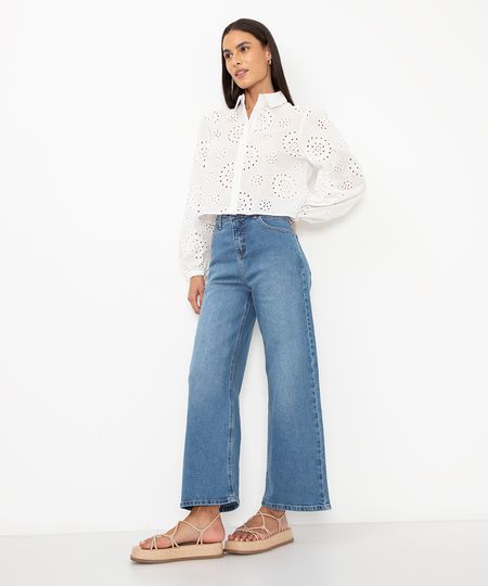 calça jeans wide leg cropped cintura super alta azul 38