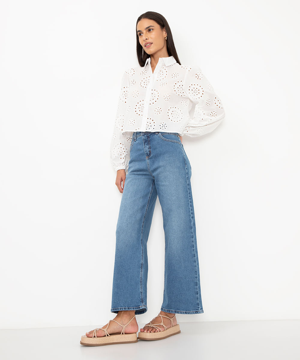 calça jeans wide leg cropped cintura super alta azul